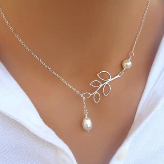 Cheky - Minimalist Round Stick Pendant Necklace for Women Pearl Clavicle Necklace Leaves Long Chain Fashion Jewelry Statement Girl Gift