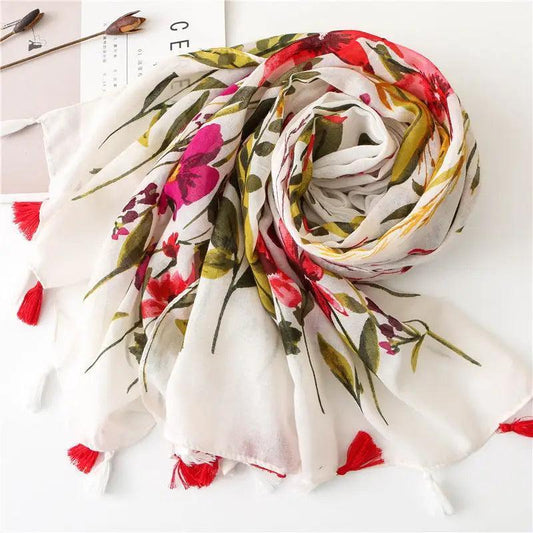 Cheky - Ethnic Vintage Floral Cotton And Linen Fringe Scarf