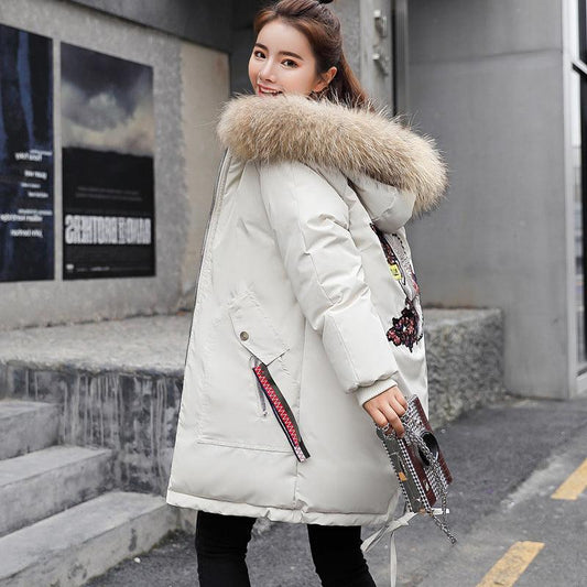 Cheky - Mid-length Large Fur Collar Down Coat Plus Size Korean